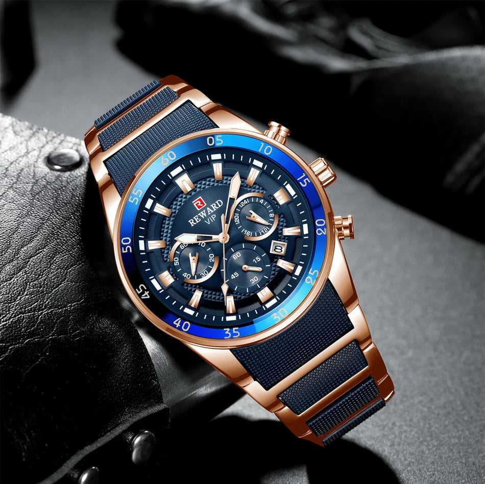 Relógio Masculino Reward VIP Luxo Cronógrafo – Aço Inoxidável, 30M à Prova d’Água
