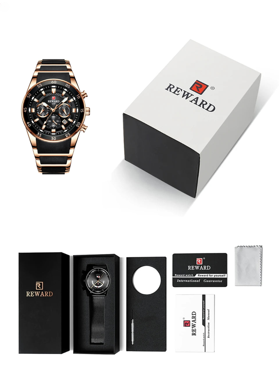 Relógio Masculino Reward VIP Luxo Cronógrafo – Aço Inoxidável, 30M à Prova d’Água