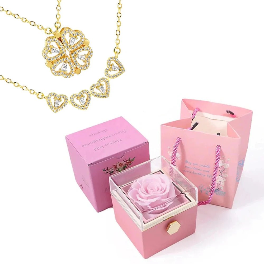 Colar Trevo de Corações Com Caixa Rotativa e Rosa Eterna - ESPECIAL DIA DAS MÃES [ FRETE GRÁTIS ]