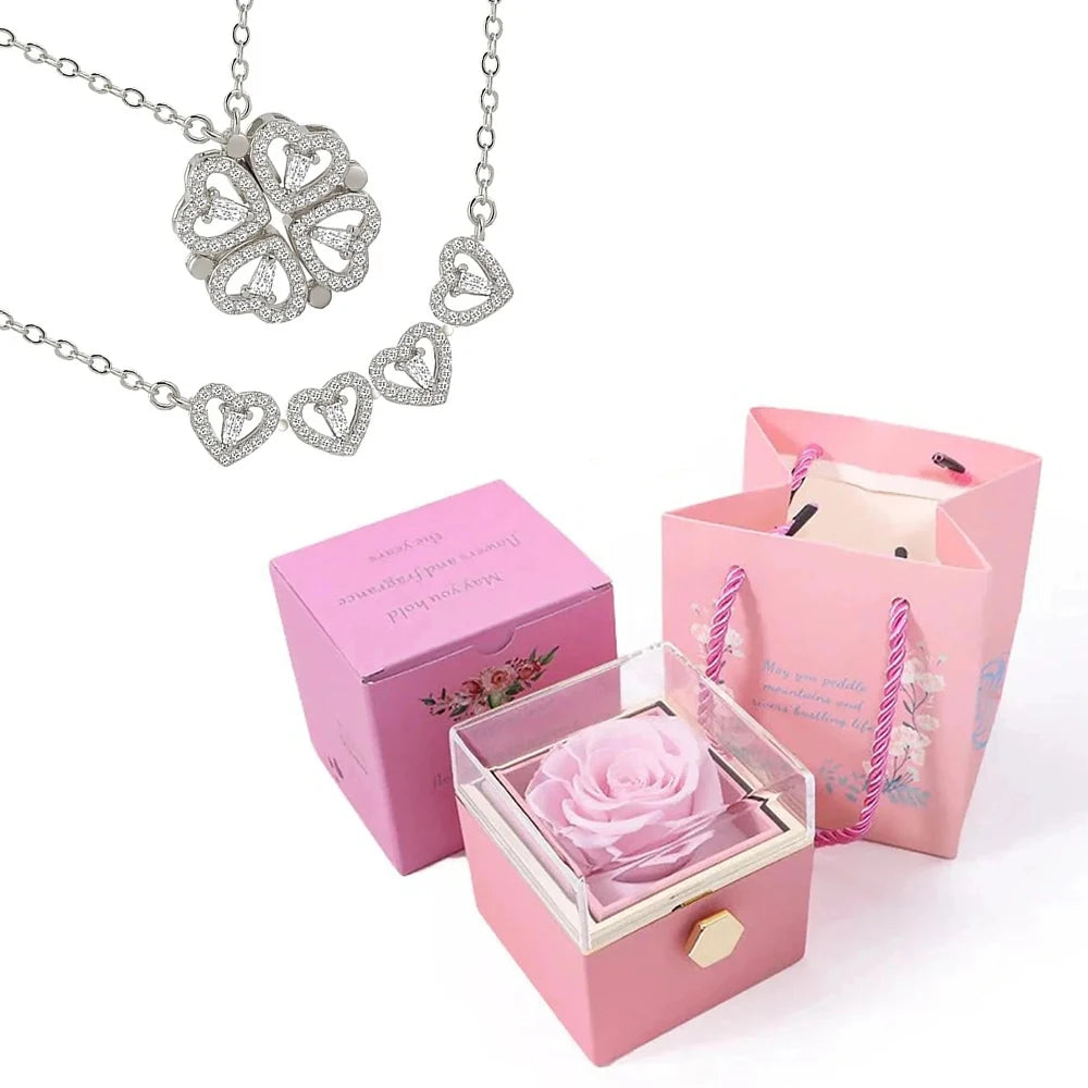 Colar Trevo de Corações Com Caixa Rotativa e Rosa Eterna - ESPECIAL DIA DAS MÃES [ FRETE GRÁTIS ]