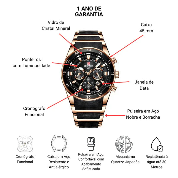 Relógio Masculino Reward VIP Luxo Cronógrafo – Aço Inoxidável, 30M à Prova d’Água
